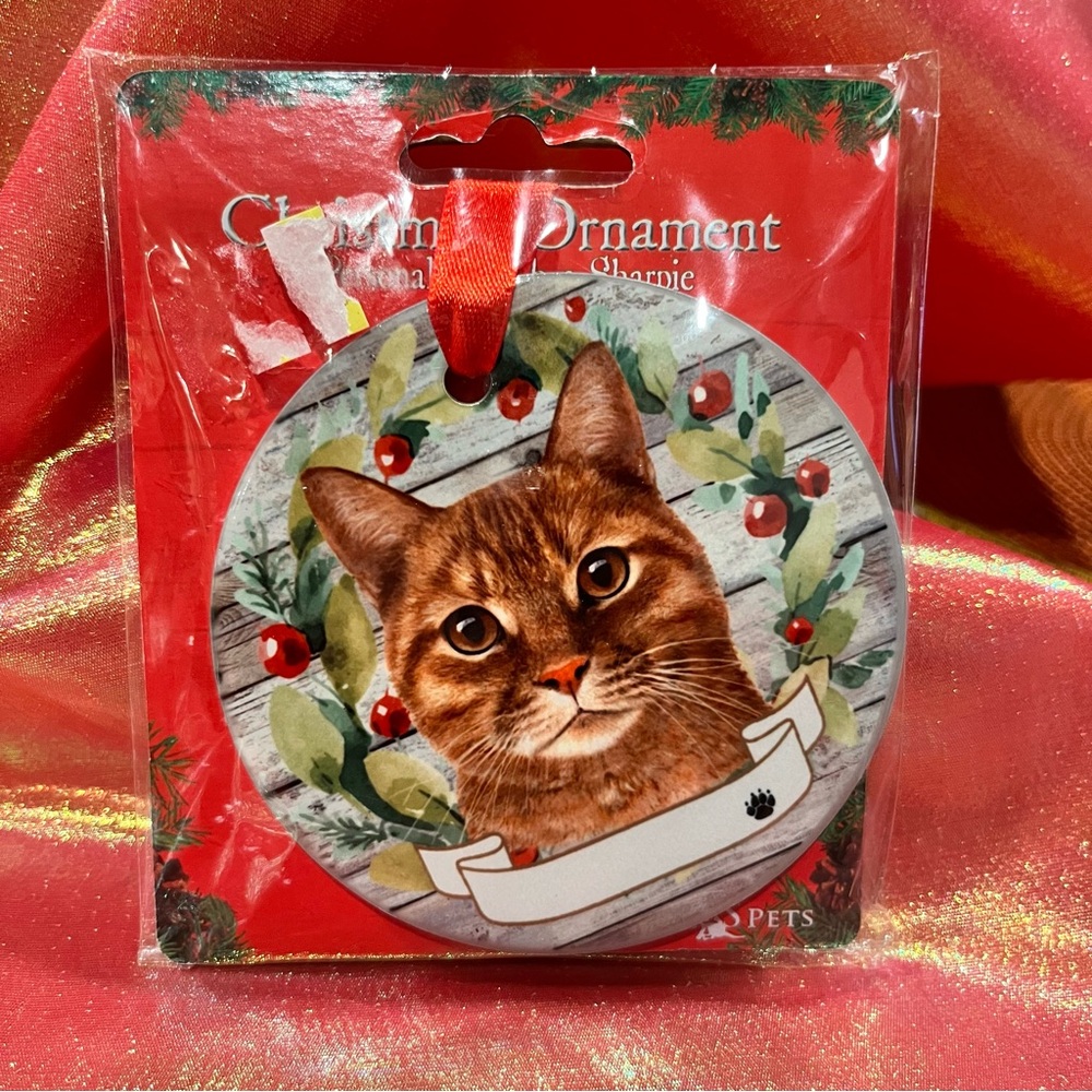Orange Tabby Cat Holiday Ornament - Red and Brown